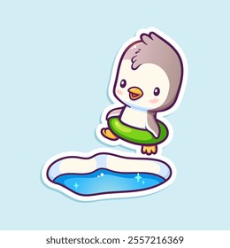 Vector sticker design with a cute little penguin walking toward the ice hole with a swimming circle. Funny cartoon animal character. Winter children's illustration.