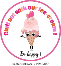 Diseño de pegatina vectorial para cono de helado en estilo kawaii en una ronda 