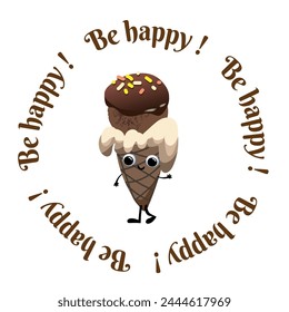 Vector sticker design fof ice cream cone in kawaii style on a round background