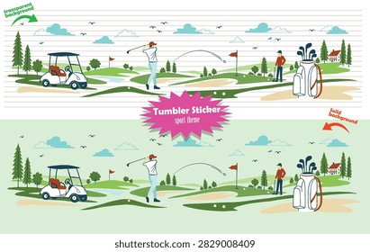 Vector sticker design of a golf course with golfers, golf carts, golf bags, trees, mountains, and a scenic landscape. Made as a long wraparound sticker for tumblers, bottles, and other drinkware, with a transparent background.