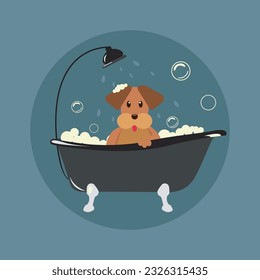 Vector sticker dog in the bathroom. Grooming salon. Cute dog is swimming. Pets shop. Grooming master