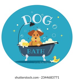 Vektoraufkleberhund im Badezimmer. Der Bauernsalon. Der Hund schwimmt gerade. Tierladen. Grooming master. Hund mit Gummiente.