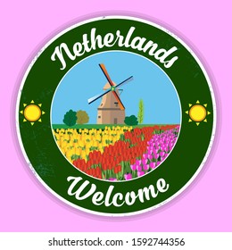 Vector sticker, with dutch tulips and mill. For design cards and invitations.
