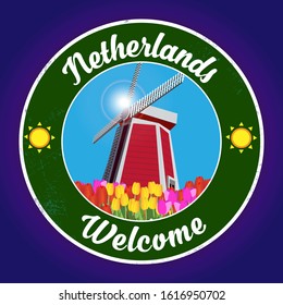 Vector sticker, with dutch tulips and mill. For design cards and invitations.