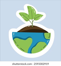 Vector sticker "Earth Day" in a trendy cartoon style.  World Environment Day. Funny vector illustration of planet Earth, a globe with a smiley face. Eco-friendly labels or badges.