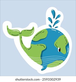 Vector sticker "Earth Day" in a trendy cartoon style.  World Environment Day. Funny vector illustration of planet Earth, a globe with a smiley face. Eco-friendly labels or badges.