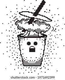 Vector sticker emoji of exploding drink made of pixels.