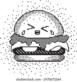 Vector sticker emoji of smiling hamburger made of pixels