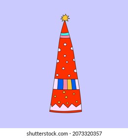 vector sticker - festive carnival cap with print. Christmas hat. Masquerade for a birthday party. Tattoo template. Hand drawn funky element for pattern and postcard