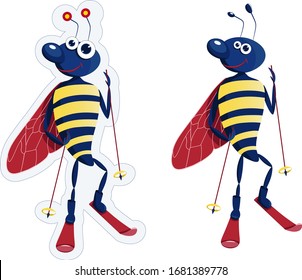 Vector sticker funny bee skiing