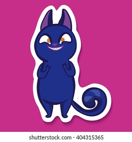 Vector sticker with funny blue emotion cat. So evil cat. Emotion sticker on bright pink background. Cartoon evil cat. I'm evil. Real Evil