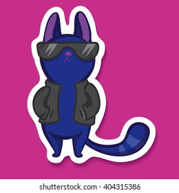 Vector sticker with funny blue emotion cat. Very cool cat. Emotion sticker on bright pink background. Cartoon cool cat. So cool! Doodle cat with black glasses.