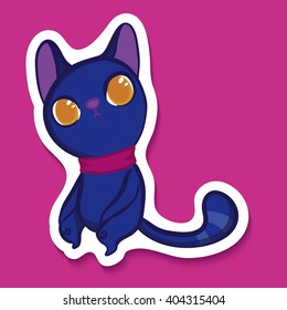 Vector sticker with funny blue emotion cat. Very funny cat. Emotion sticker on bright pink background. Cartoon calm cat. Keep calm! Keep calm and love cats!