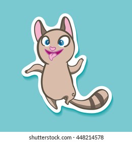 Vector sticker with funny emotion cat. Cartoon fooling Fool! Laughing doodle Dancing