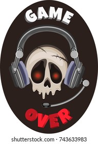 Vector sticker "Game Over" with a beige skull in the game headphones and a voluminous inscription . On a oval dark brown background. For your design