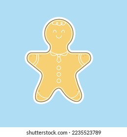 Vector sticker gingerbread man. Merry Christmas and happy New Year. Illustration in flat style.