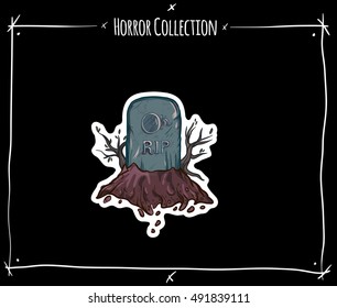 vector sticker with grave and trees on black background