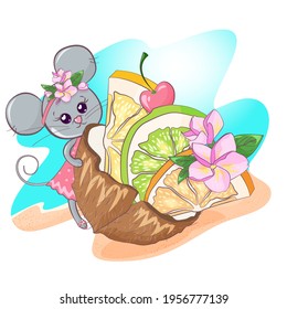Vector sticker gray mouse with coconut and fruits on the beach. Cartoon image of a mouse in the tropics on a sunny day