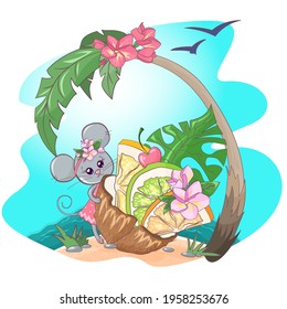 Vector sticker gray mouse with coconut and fruit on the beach under a palm tree. Cartoon image of a mouse with a cocktail in the tropics on a sunny day