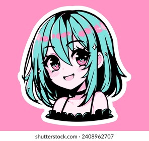 Pegatina vectorial con anime gótico de pelo verde sobre un fondo rosado.