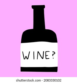 vector sticker hand drawn - black and white bottle of wine. Alcohol in a glass bottle. Tattoo template. Element for bar, pub, restaurant