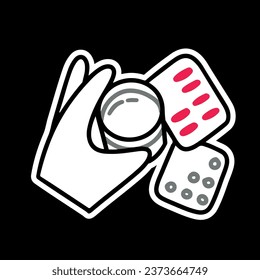 Vector sticker of a hand holding a glass of water, washing down pills and medicines, Clusters of pills and capsules on the table, treatment of illness, flu, colds, cough. Vitamins. Simple outline