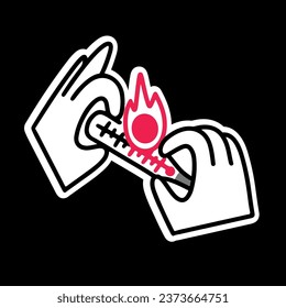 Vector sticker of hands holding a thermometer with a high temperature, treating a cold or flu. Simple outline style with stroke, icon or illustration.