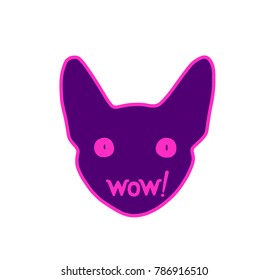 Vector sticker with head of cat and wow word.