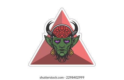 Vector sticker, the head of a terrible horned, eared and bearded green devil on the background of a red triangle. Isolated white background. Logo or icon.