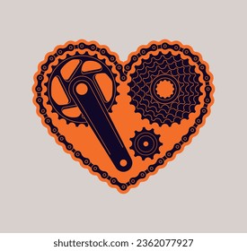 El corazón de la pegatina vectorial se crea a partir de la cadena de la bicicleta larga, la manivela y la cinta. Aislado sobre fondo blanco.