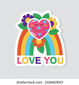 Vector sticker. A heart in love with flowers on a rainbow.