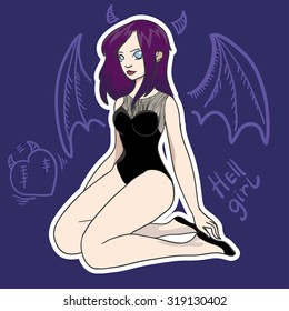Vector sticker with hell girl on abstract background. Vector illustration with cute demon violet hair girl on dark violet background.