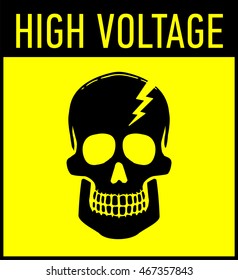 Vector sticker High Voltage with a skull and lightning. Yellow and black color.