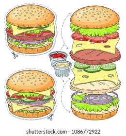 Vector sticker icon. Cartoon tasty big hamburger with cheese and sesame seeds.