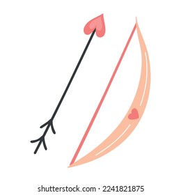 Vector sticker or icon of cupid bow and arrow with heart in modern trendy style. A love weapon for a cupid and a heart shaped arrowhead.