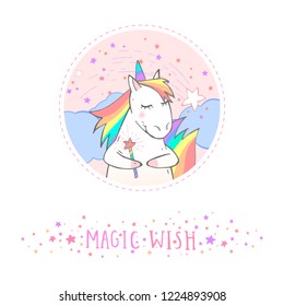 Vector sticker or icon with hand drawn cute unicorn,magic wand and text - MAGIC WISH on withe background. For your design. Cartoon style. Colored.