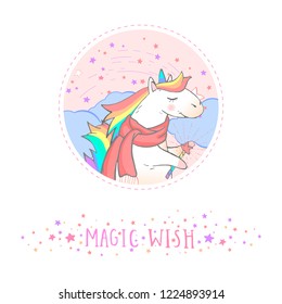 Vector sticker or icon with hand drawn cute unicorn in scarf,magic wand and text - MAGIC WISH on withe background. For your design. Cartoon style. Colored.