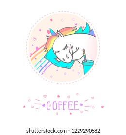 Vector sticker or icon with hand drawn sleeping unicorn and text - COFFEE on withe background. For your design. Cartoon style. Colored.