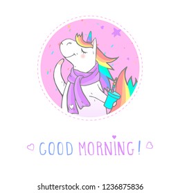 Vector sticker or icon with hand drawn cute unicorn in scarf, coffee and text - GOOD MORNING! On withe background. For your design. Cartoon style. Colored.