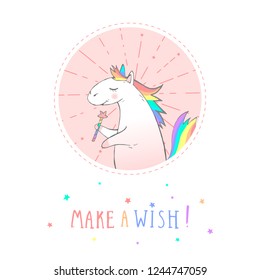 Vector sticker or icon with hand drawn cute unicorn,magic wand and text - MAKE A WISH! On withe background. For your design. Cartoon style. Colored.