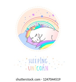 Vector sticker or icon with hand drawn sleeping unicorn, pillow and text - SLEEPING UNICORN on withe background. For your design. Cartoon style. Colored.