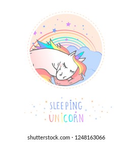 Vector sticker or icon with hand drawn sleeping unicorn, pillow and text - SLEEPING UNICORN on withe background. For your design. Cartoon style. Colored.