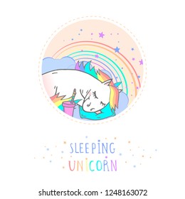 Vector sticker or icon with hand drawn sleeping unicorn, coffee and text - SLEEPING UNICORN on withe background. For your design. Cartoon style. Colored.