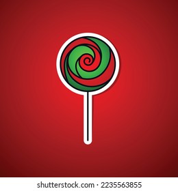 Vector sticker icon illustration of Lollipop striped in Christmas colours. Spiral sweet candy with red and Green stripes
