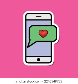 Vector sticker, icon, illustration smartphone with heart emoji speech bubble get message on screen