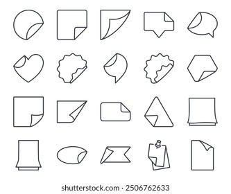 Vector sticker icons with folded corners. Paper labels folded pages symbols. Editable stroke thin line black set. Stickers of different shapes: round rectangular oval with flat and wavy edges