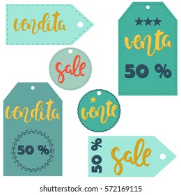 Vector sticker illustration. Sale, vente, venta, vendita. Labels in different languages.