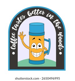 A vector sticker illustration showing a happy and friendly thermos with a smiling face and waving hand, placed inside an irregularly shaped frame with a caption.