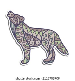 Vector sticker illustration with a wolf with abstract patterns in ethnic style