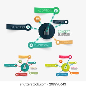 Colección de esquemas de infografía de pegatinas vectoras con círculo redondo en el centro